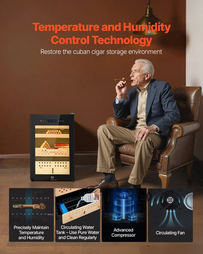 Elektrisk humidor, 60 liter, 350-enheters elektrisk cigarrhumidor med kompressorkylning, konstant fuktighets- och temperaturkontroll, hyllor och lådor i spanskt cederträ, 3 lager, för hushållet