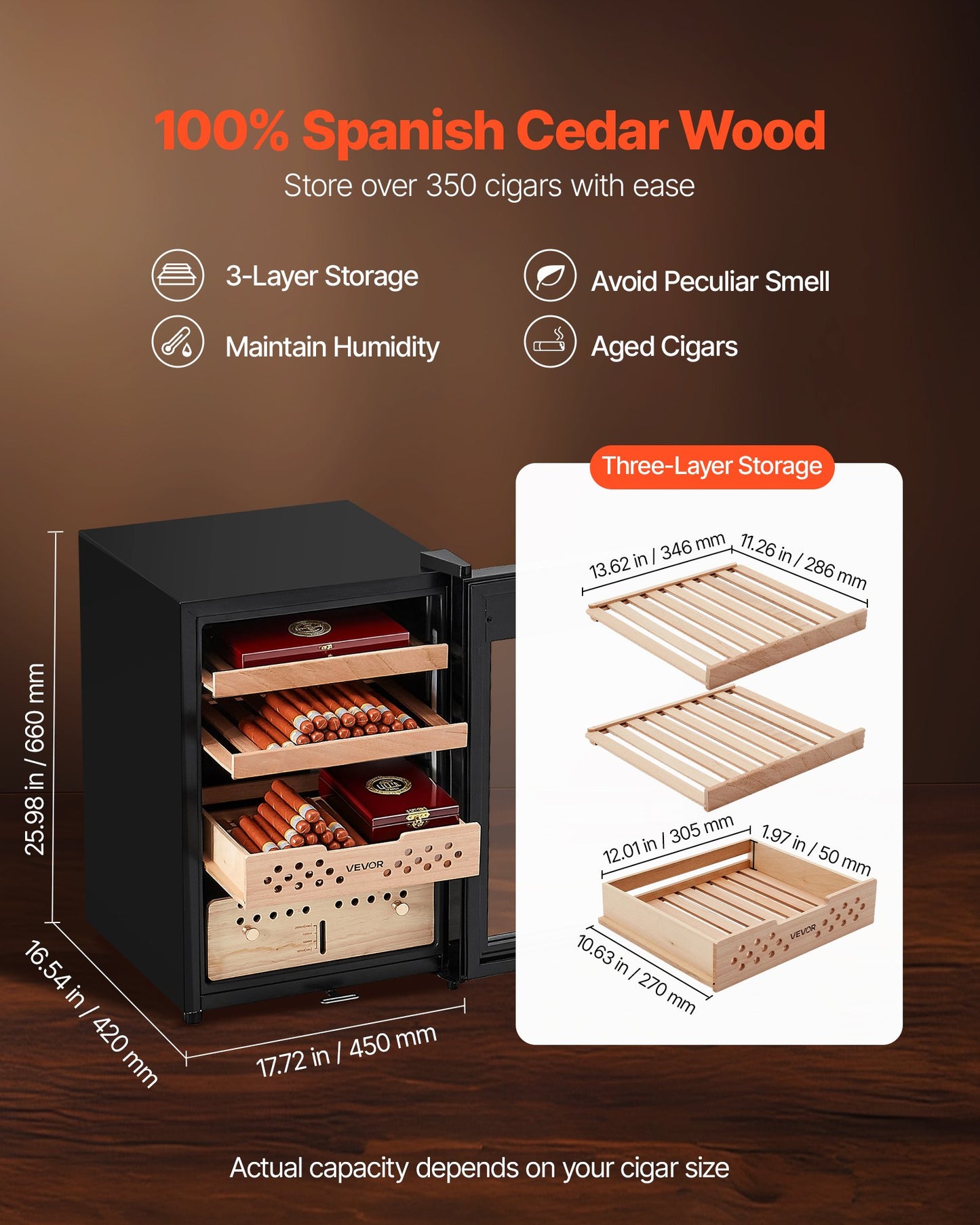 Elektrisk humidor, 60 liter, 350-enheters elektrisk cigarrhumidor med kompressorkylning, konstant fuktighets- och temperaturkontroll, hyllor och lådor i spanskt cederträ, 3 lager, för hushållet