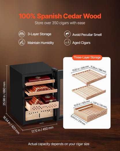 Elektrisk humidor, 60 liter, 350-enheters elektrisk cigarrhumidor med kompressorkylning, konstant fuktighets- och temperaturkontroll, hyllor och lådor i spanskt cederträ, 3 lager, för hushållet