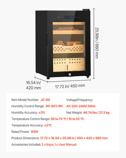 Elektrisk humidor, 60 liter, 350-enheters elektrisk cigarrhumidor med kompressorkylning, konstant fuktighets- och temperaturkontroll, hyllor och lådor i spanskt cederträ, 3 lager, för hushållet