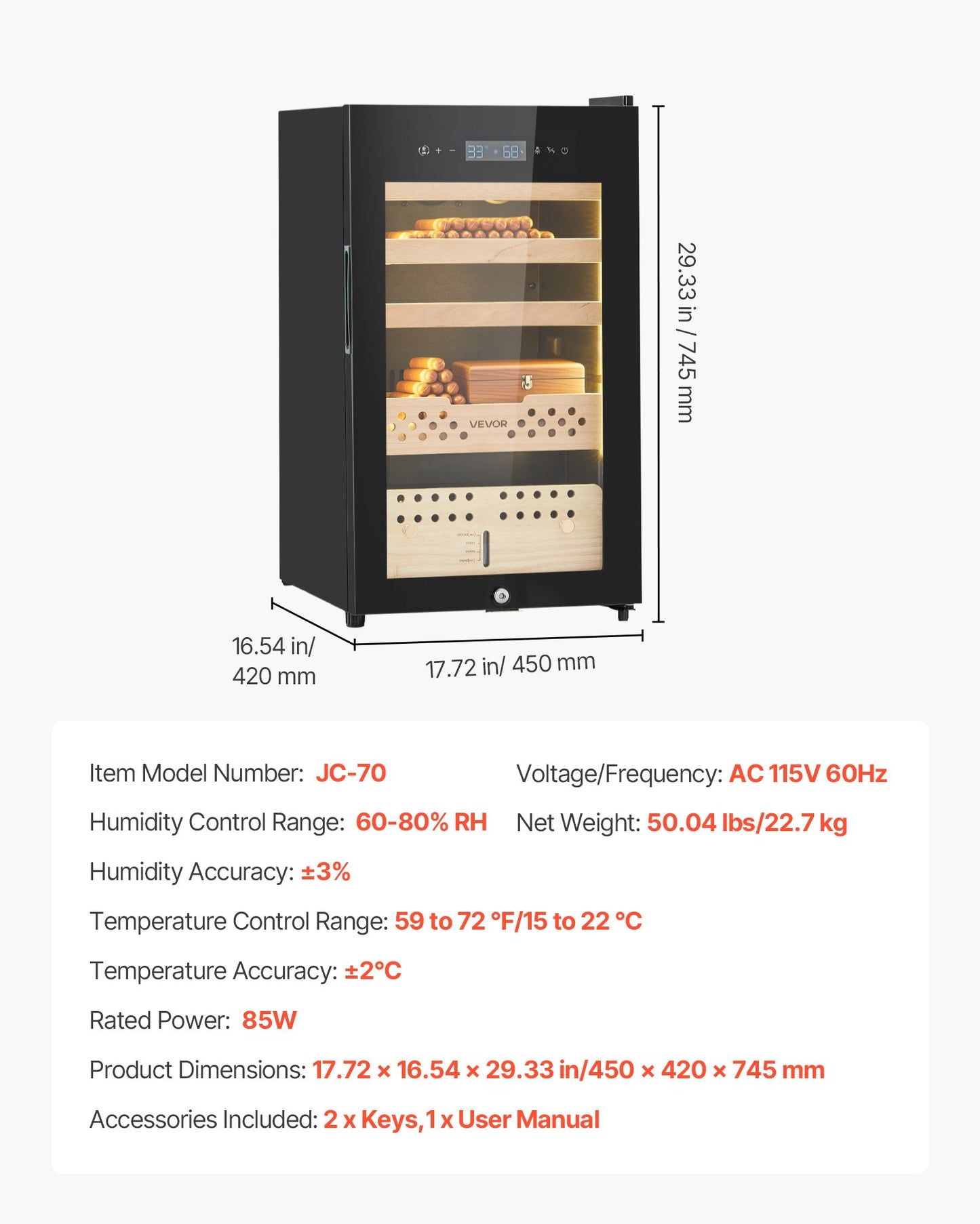Elektrisk humidor, 70 liter, 400-styckes elektrisk cigarrhumidor med kompressorkylning, konstant fuktighets- och temperaturkontroll, hyllor och lådor i spanskt cederträ, 4 lager, för hushållet