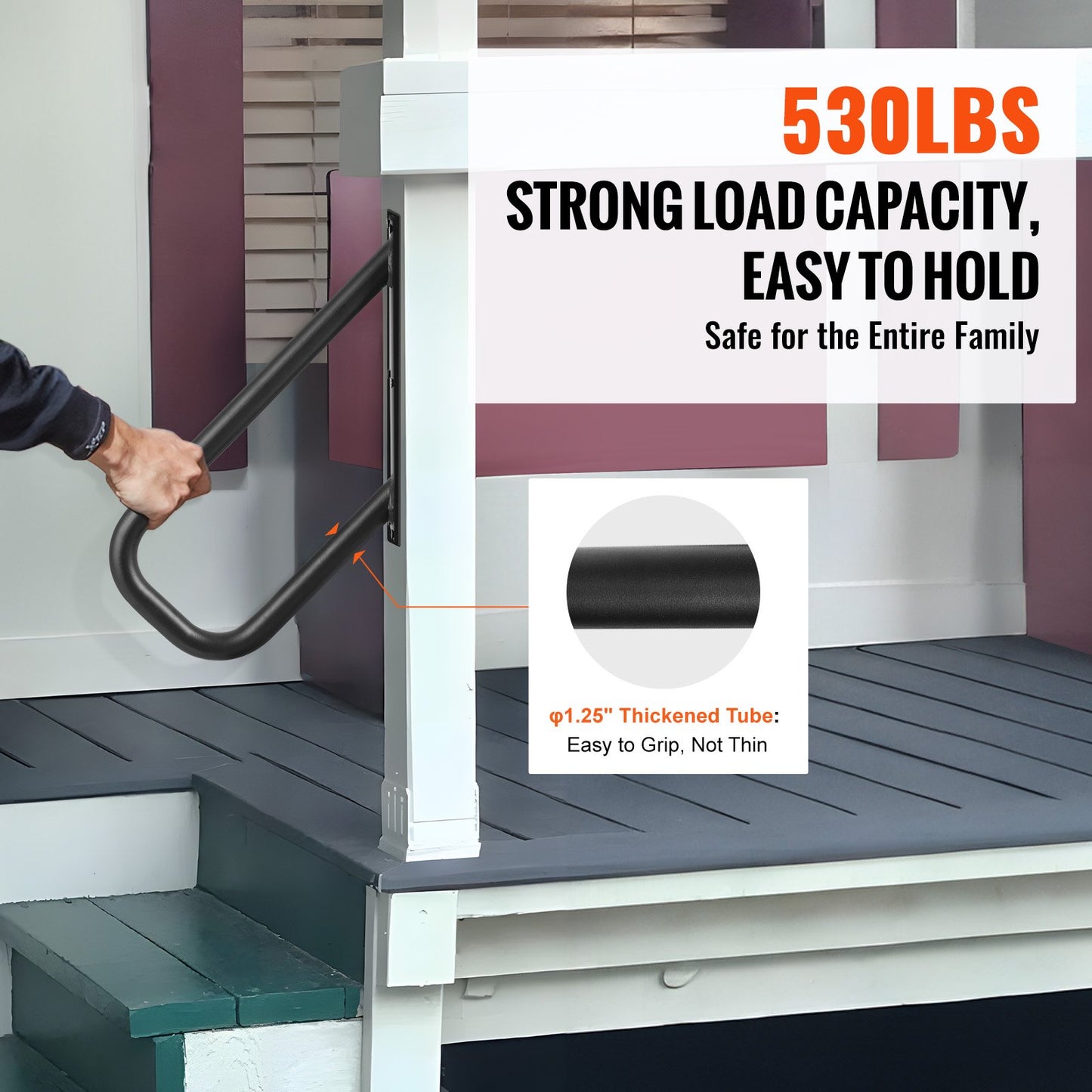 Handrails for Outdoor Steps, 18.9" Length 1.3"Pipe Wall Mount Safety Railings for 1-2 Steps, Stair Handrail with Matte Black Finished,for Garden,Yard and Garage & Elderly,Pregnant Women, Disable