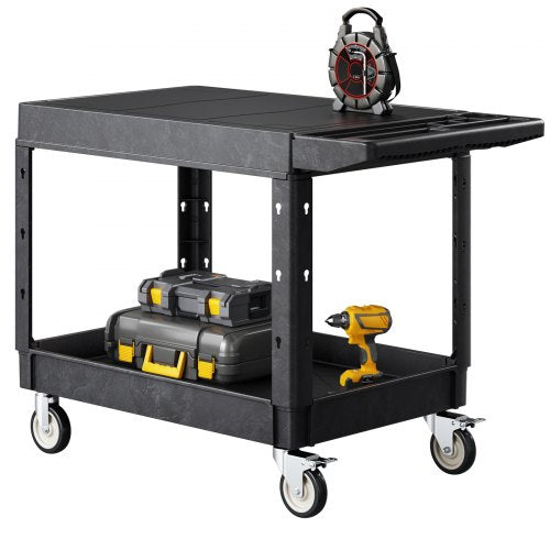 Utility Cart, 550 lbs Load Capacity, 37 x 25.4-inch Service Cart, Two-Shelf Heavy Duty Plastic Utility Cart with 360° Swivel Wheels (2 with Brakes), Suitable for Warehouse, Garage, Cleaning