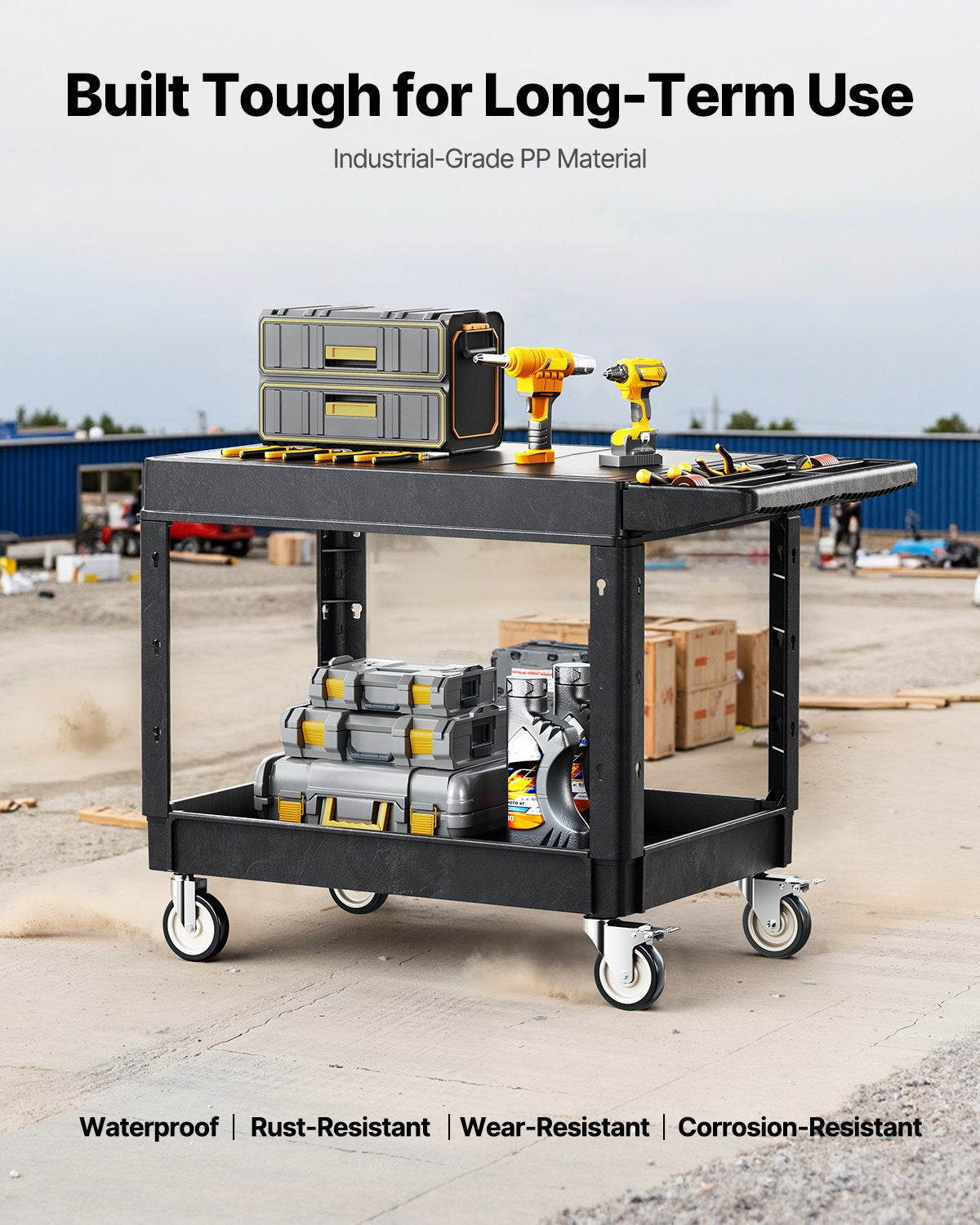 Utility Cart, 550 lbs Load Capacity, 37 x 25.4-inch Service Cart, Two-Shelf Heavy Duty Plastic Utility Cart with 360° Swivel Wheels (2 with Brakes), Suitable for Warehouse, Garage, Cleaning