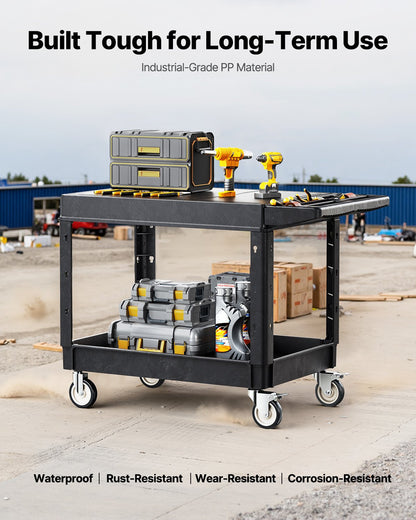 Utility Cart, 550 lbs Load Capacity, 37 x 25.4-inch Service Cart, Two-Shelf Heavy Duty Plastic Utility Cart with 360° Swivel Wheels (2 with Brakes), Suitable for Warehouse, Garage, Cleaning