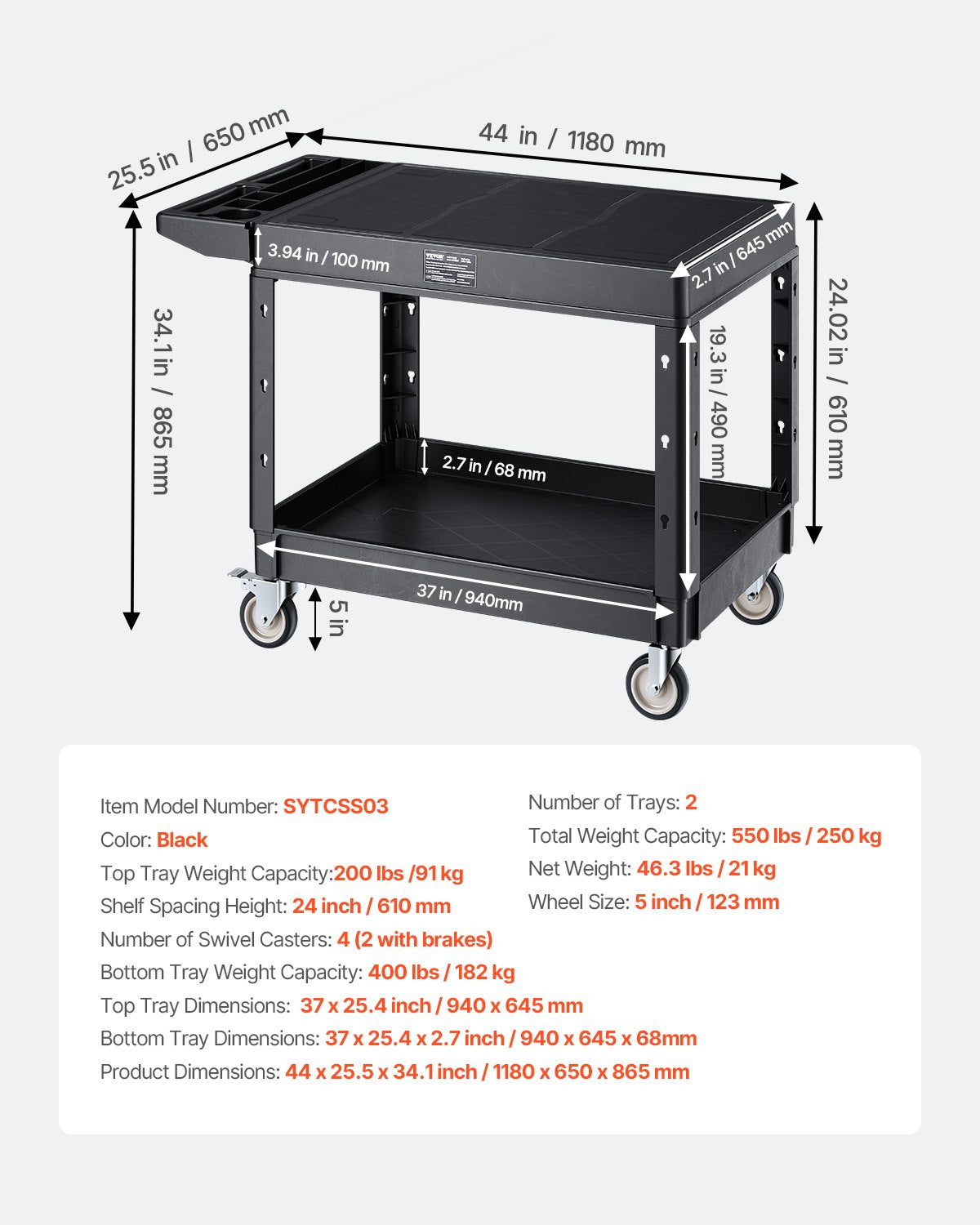 Utility Cart, 550 lbs Load Capacity, 37 x 25.4-inch Service Cart, Two-Shelf Heavy Duty Plastic Utility Cart with 360° Swivel Wheels (2 with Brakes), Suitable for Warehouse, Garage, Cleaning