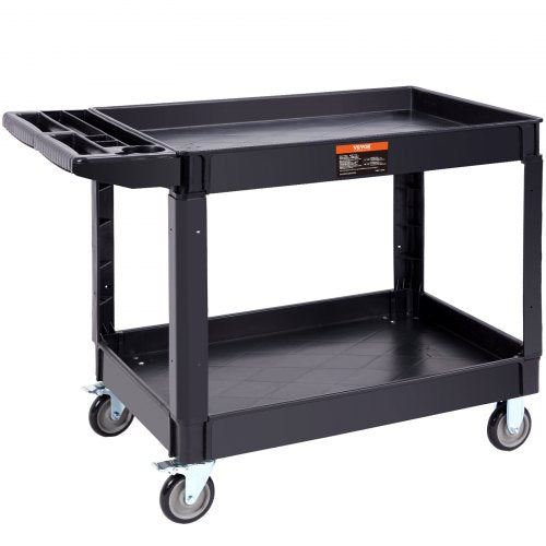 Utility Service Cart, 2 Shelf 249.5 kg Heavy Duty Plastic Rolling Utility Cart with 360° Swivel Wheels (2 with Brakes), Large Lipped Shelf, Ergonomic Storage Handle for Warehouse/Garage/Cleaning