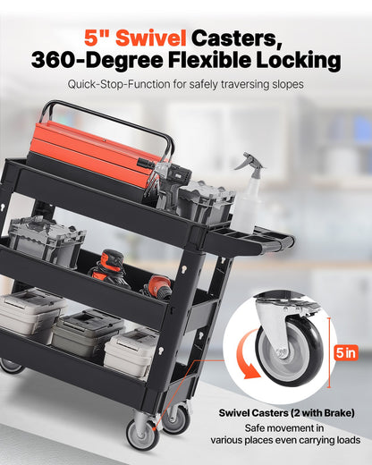 Utility Service Cart, 550 LBS Laod Capacity, 3 Shelf Heavy Duty Plastic Rolling Utility Cart with 360° Swivel Wheels (2 with Brakes), Ergonomic Storage Handle for Warehouse/Garage/Cleaning