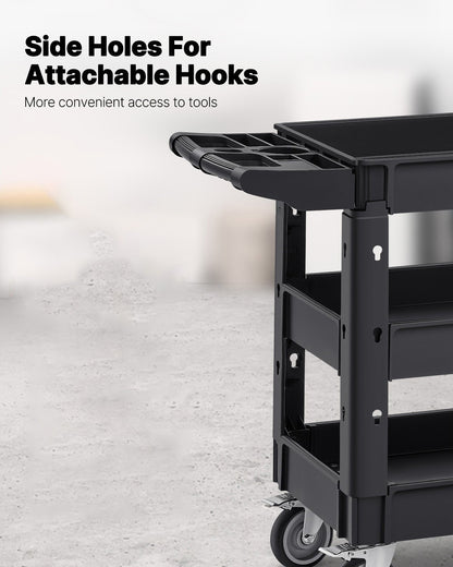 Utility Service Cart, 550 LBS Laod Capacity, 3 Shelf Heavy Duty Plastic Rolling Utility Cart with 360° Swivel Wheels (2 with Brakes), Ergonomic Storage Handle for Warehouse/Garage/Cleaning