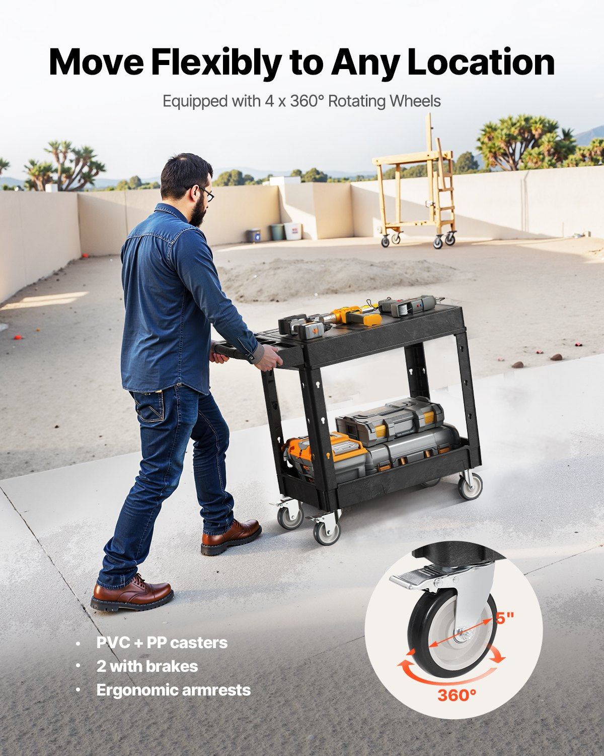 Utility Cart, 550 lbs Load Capacity, 31.3 x 17.7-inch Service Cart, Two-Shelf Heavy Duty Plastic Utility Cart with 360° Swivel Wheels (2 with Brakes), Suitable for Warehouse, Garage, Cleaning