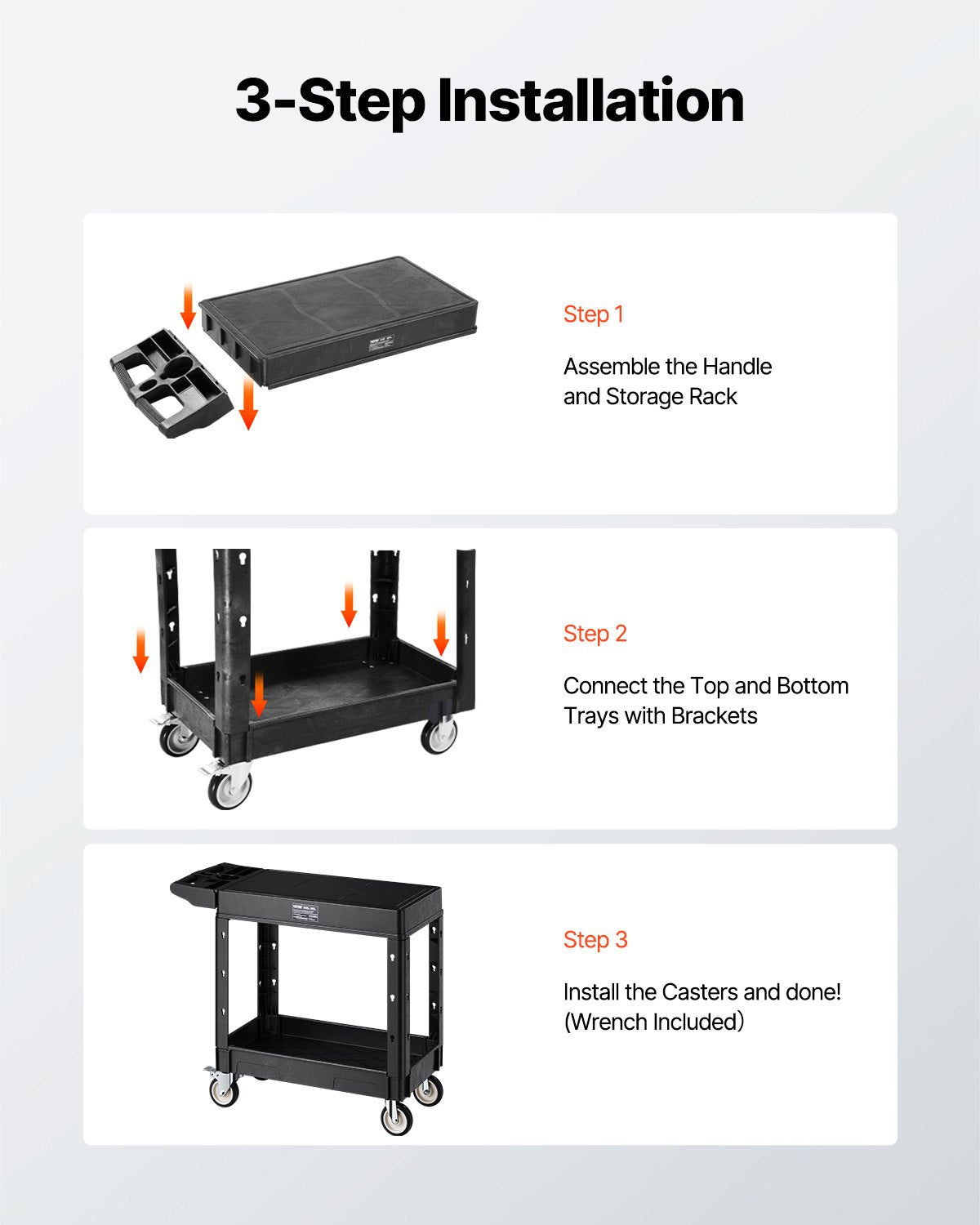 Utility Cart, 550 lbs Load Capacity, 31.3 x 17.7-inch Service Cart, Two-Shelf Heavy Duty Plastic Utility Cart with 360° Swivel Wheels (2 with Brakes), Suitable for Warehouse, Garage, Cleaning