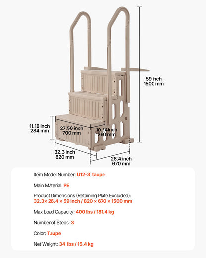 Swimming Pool Ladder, 3-Step Double Handrails Stairs with Non-slip Heavy Duty Steps, Max Load Capacity 400 lbs, for 36-48 Inch Inground & Above-ground Pools of Any Decking Surface, Taupe