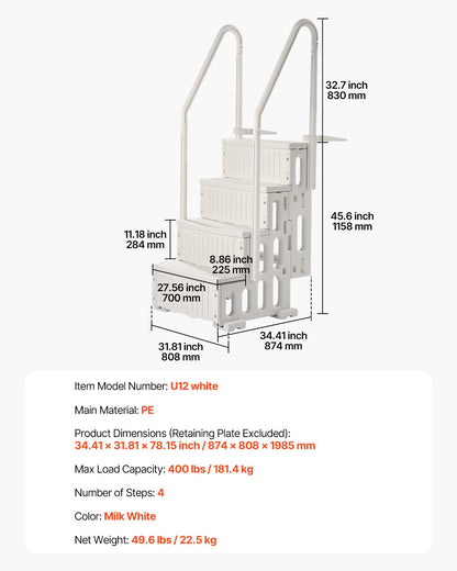 Swimming Pool Ladder, 4-Step Double Handrails Stairs with Non-slip Heavy Duty Steps, Max Load Capacity 400 lbs, for 48-54 In Inground & Above-ground Pools of Any Decking Surface, Milk White