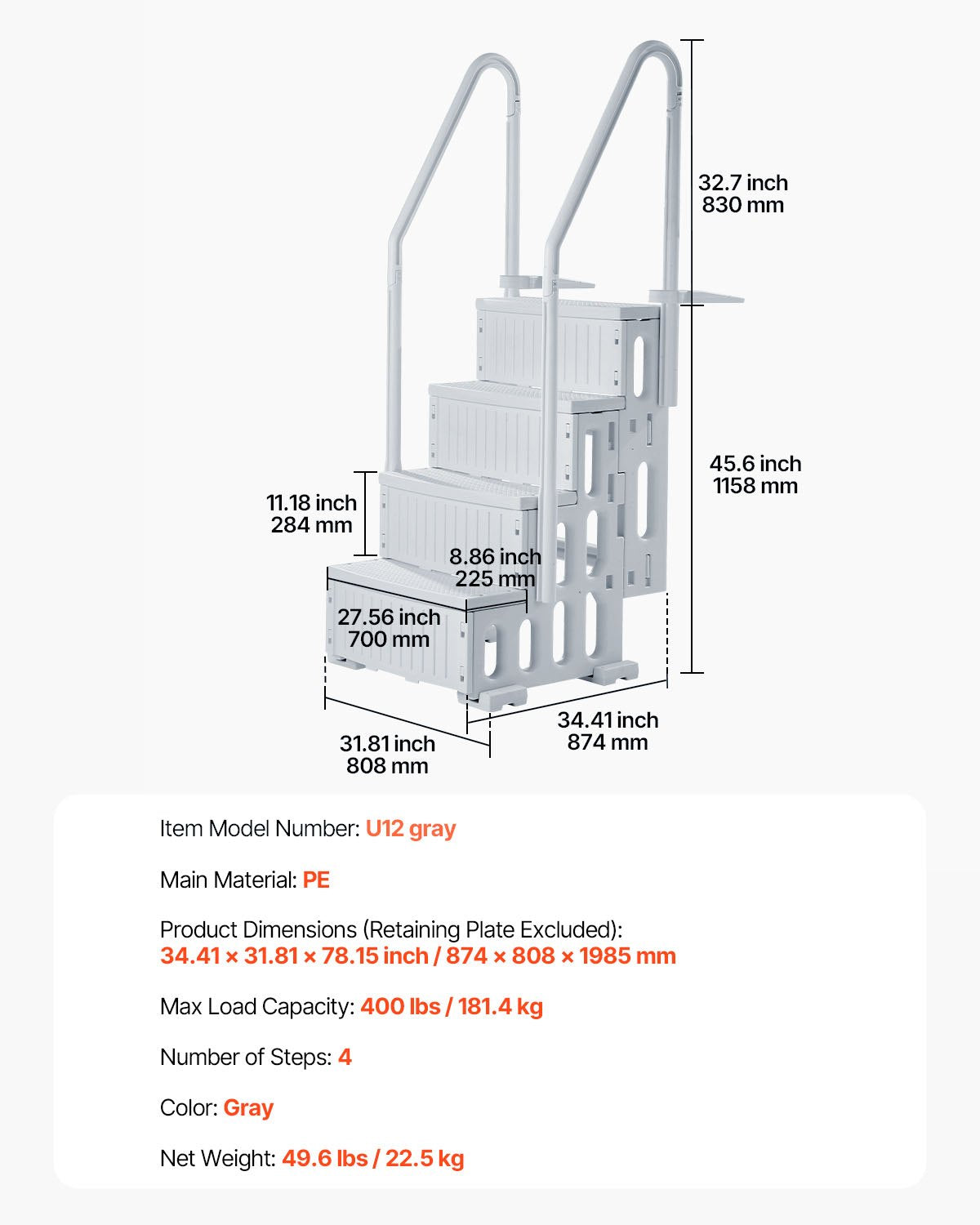 Swimming Pool Ladder, 4-Step Double Handrails Stairs with Non-slip Heavy Duty Steps, Reliable 400 lbs Max Load Capacity, for 48-54 In Inground & Above-ground Pools of Any Decking Surface, Grey