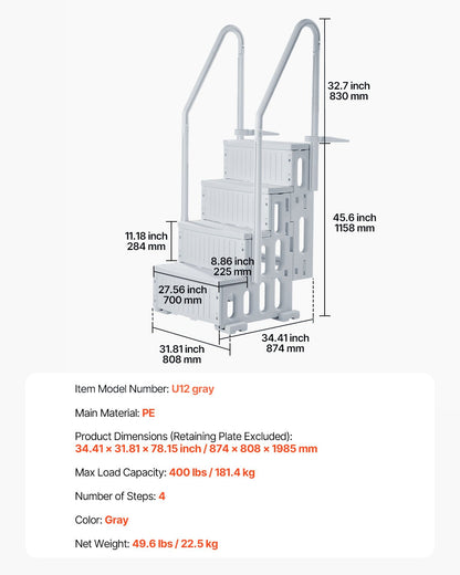 Swimming Pool Ladder, 4-Step Double Handrails Stairs with Non-slip Heavy Duty Steps, Reliable 400 lbs Max Load Capacity, for 48-54 In Inground & Above-ground Pools of Any Decking Surface, Grey