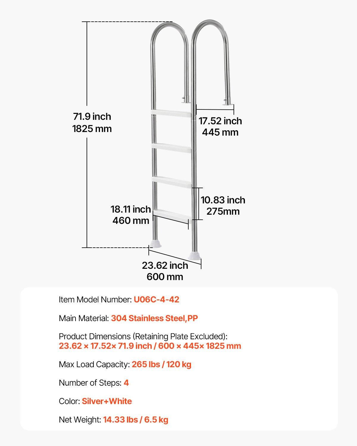 Poolstege, 4-stegs dubbla ledstänger med halkfria, kraftiga steg, rostfritt stål, lastkapacitet 114 kg, för 132 cm nedgrävda pooler med monterad däckbräda inomhus och utomhus