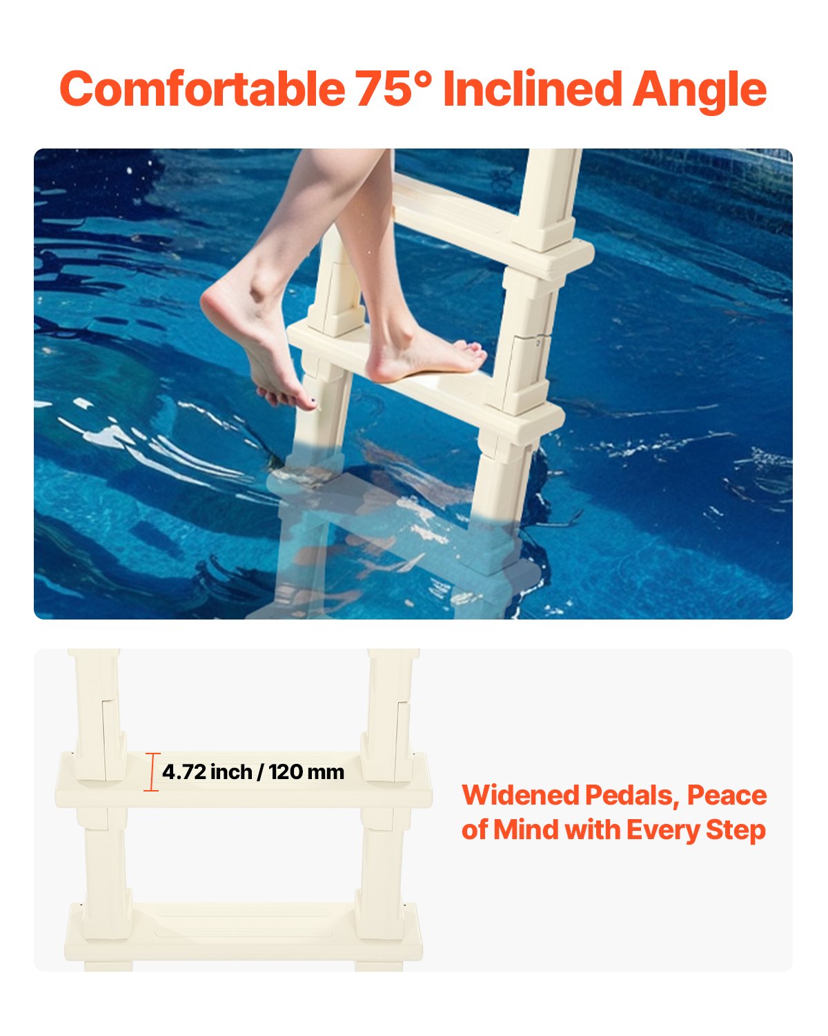 Swimming Pool Ladder, 75°Inclined 5-Step Double Handrails Stair, Non-slip Heavy Duty Steps, Load Capacity 300 lb, for 48-54 In Inground & Above-ground Pools of Any Deck Surface Indoor & Outdoor