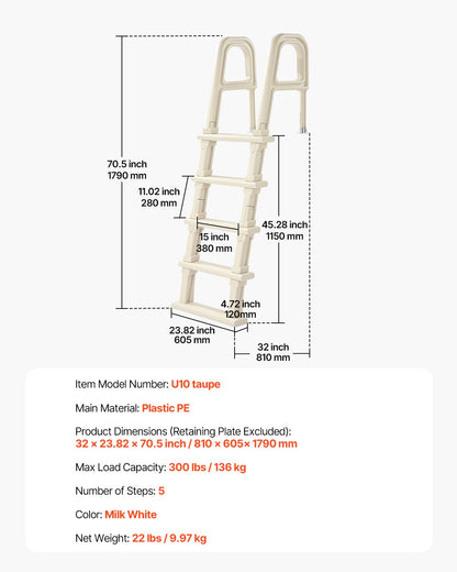 Swimming Pool Ladder, 75°Inclined 5-Step Double Handrails Stair, Non-slip Heavy Duty Steps, Load Capacity 300 lb, for 48-54 In Inground & Above-ground Pools of Any Deck Surface Indoor & Outdoor