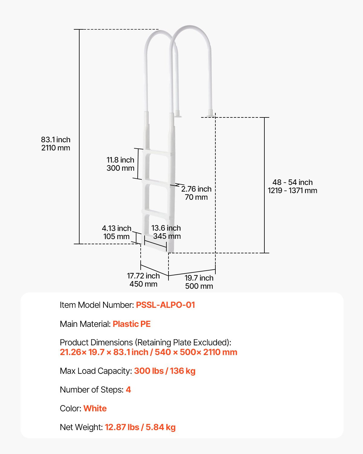 Swimming Pool Ladder, 4-Step Double Handrails Stair, Non-slip Thickened Heavy Duty Steps, Load Capacity 300 lb, for 48-54 In Inground & Above-ground Pools of Any Deck Surface Indoor & Outdoor
