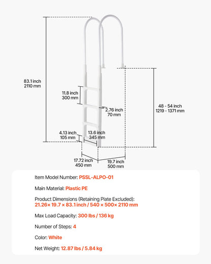 Swimming Pool Ladder, 4-Step Double Handrails Stair, Non-slip Thickened Heavy Duty Steps, Load Capacity 300 lb, for 48-54 In Inground & Above-ground Pools of Any Deck Surface Indoor & Outdoor