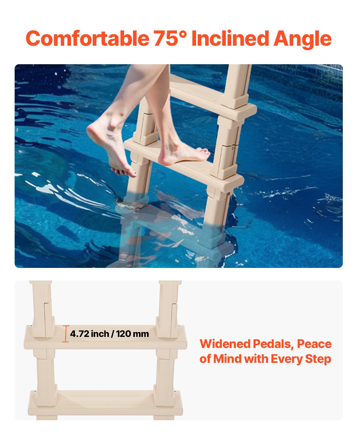 Swimming Pool Ladder, Inclined 5-Step Double Handrails Stair, Non-slip Heavy Duty Step, Load Capacity 300 lb, for 48-54" Inground & Above-ground Pools of Any Deck Surface Indoor & Outdoor, Taupe