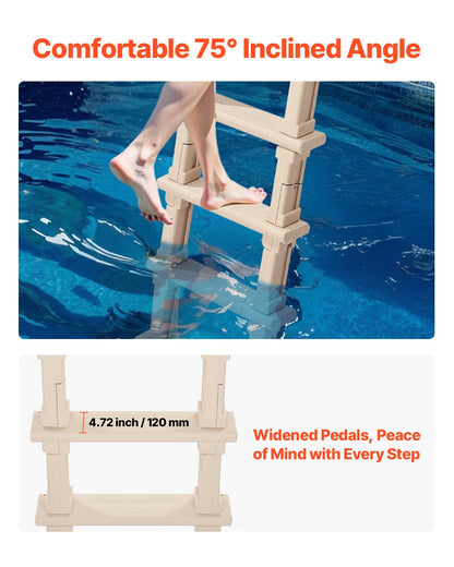 Swimming Pool Ladder, Inclined 5-Step Double Handrails Stair, Non-slip Heavy Duty Step, Load Capacity 300 lb, for 48-54" Inground & Above-ground Pools of Any Deck Surface Indoor & Outdoor, Taupe