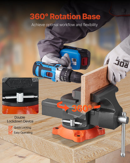 Bench Vise, 140 mm(5.5") Jaw Width, 140 mm(5.5") Max Jaw Opening Multipurpose Vise with 360°Swivel Locking Base, 71 mm(2.8") Throat Depth, Heavy Duty Ductile Iron Workbench Vise, Two-Way Jaws for Clamping Round Pipes