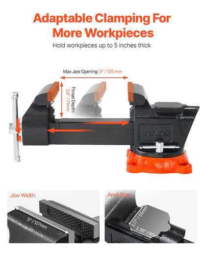 Bänkskruvstycke, 127 mm (5 tum) käftbredd, 127 mm (5 tum) max käftöppning. Multifunktionsskruvstycke med 360° vridbar låsbas, 71 mm (2,8 tum) halsdjup, kraftigt arbetsbänksskruvstycke i segjärn med städ, för fastspänning av runda rör.