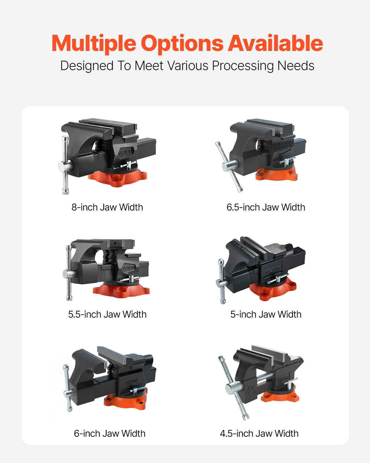 Bänkskruvstycke, 203 mm (8 tum) käftbredd, 203 mm (8 tum) max käftöppning, multifunktionellt skruvstycke med 360° vridbar låsbas, 94 mm (3,7 tum) halsdjup, kraftigt arbetsbänkskruvstycke i segjärn, tvåvägskäftar för fastspänning av runda rör