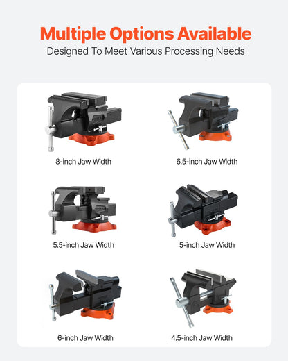 Bänkskruvstycke, 203 mm (8 tum) käftbredd, 203 mm (8 tum) max käftöppning, multifunktionellt skruvstycke med 360° vridbar låsbas, 94 mm (3,7 tum) halsdjup, kraftigt arbetsbänkskruvstycke i segjärn, tvåvägskäftar för fastspänning av runda rör