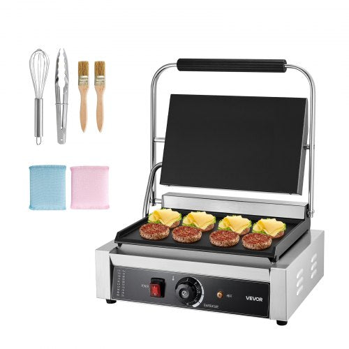 Kommersiell paninigrill, 2200W elektrisk smörgåspaninimaskin, pressgrill i rostfritt stål med handtag och temperaturkontroll, 34x23 cm helplatt emaljplatta, för hamburgare, biff och bacon