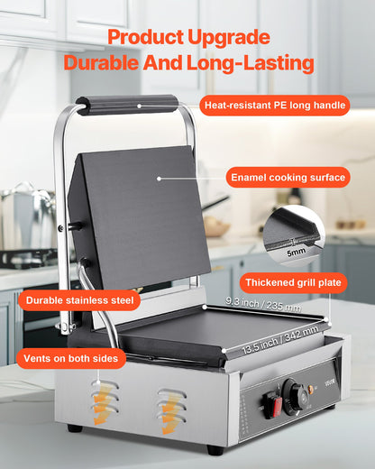 Commercial Panini Grill, 2200W Electric Sandwich Panini Maker, Stainless Steel Sandwichs Press Grill with Handle and Temp Control, 34x23 cm Full Flat Enamel Plate, for Hamburger Steak Bacon