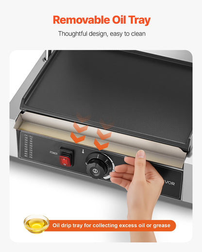 Commercial Panini Grill, 2200W Electric Sandwich Panini Maker, Stainless Steel Sandwichs Press Grill with Handle and Temp Control, 34x23 cm Full Flat Enamel Plate, for Hamburger Steak Bacon