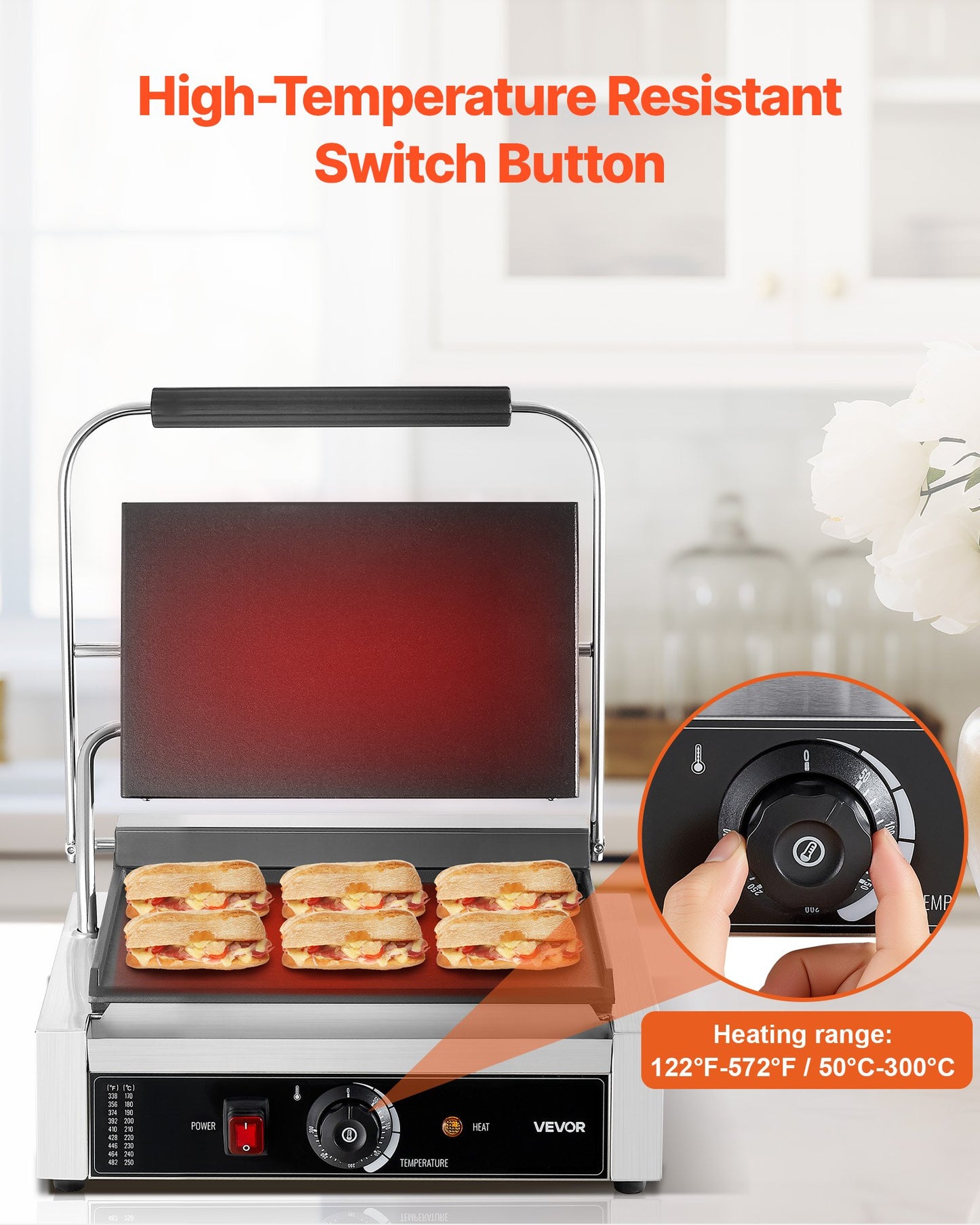 Commercial Panini Grill, 2200W Electric Sandwich Panini Maker, Stainless Steel Sandwichs Press Grill with Handle and Temp Control, 34x23 cm Full Flat Enamel Plate, for Hamburger Steak Bacon