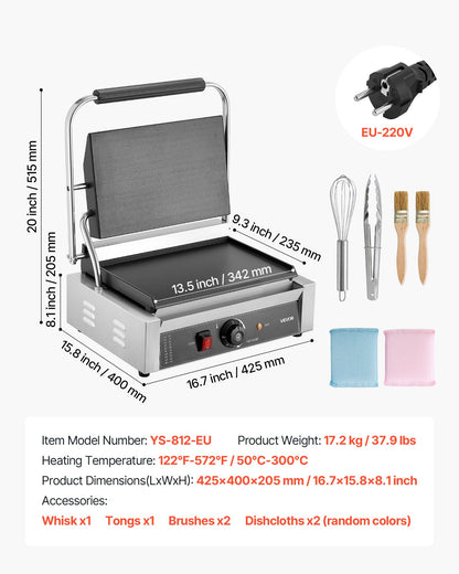 Commercial Panini Grill, 2200W Electric Sandwich Panini Maker, Stainless Steel Sandwichs Press Grill with Handle and Temp Control, 34x23 cm Full Flat Enamel Plate, for Hamburger Steak Bacon