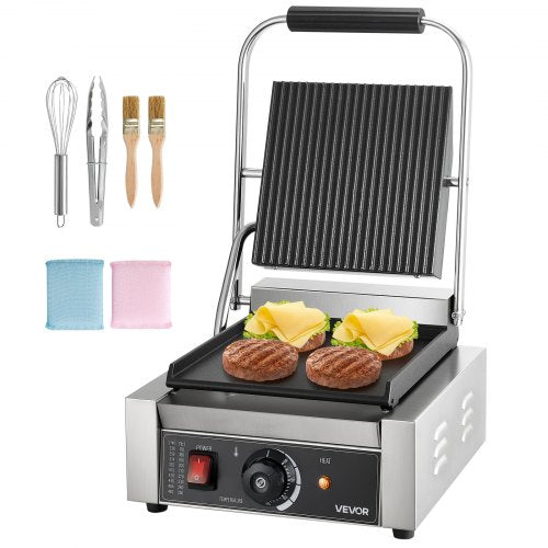 Commercial Panini Grill, 1800W Electric Sandwich Panini Maker, Stainless Steel Sandwichs Press Grill with Handle and Temp Control, 22x23 cm Flat Enamel Plate, for Hamburger Steak Bacon