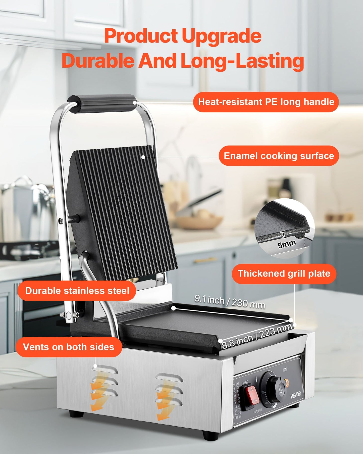 Commercial Panini Grill, 1800W Electric Sandwich Panini Maker, Stainless Steel Sandwichs Press Grill with Handle and Temp Control, 22x23 cm Flat Enamel Plate, for Hamburger Steak Bacon