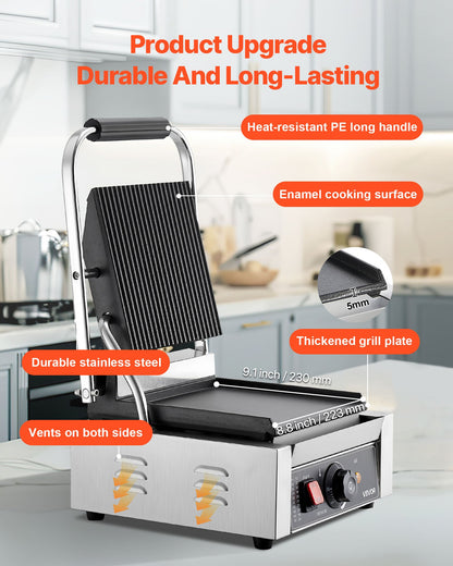 Commercial Panini Grill, 1800W Electric Sandwich Panini Maker, Stainless Steel Sandwichs Press Grill with Handle and Temp Control, 22x23 cm Flat Enamel Plate, for Hamburger Steak Bacon