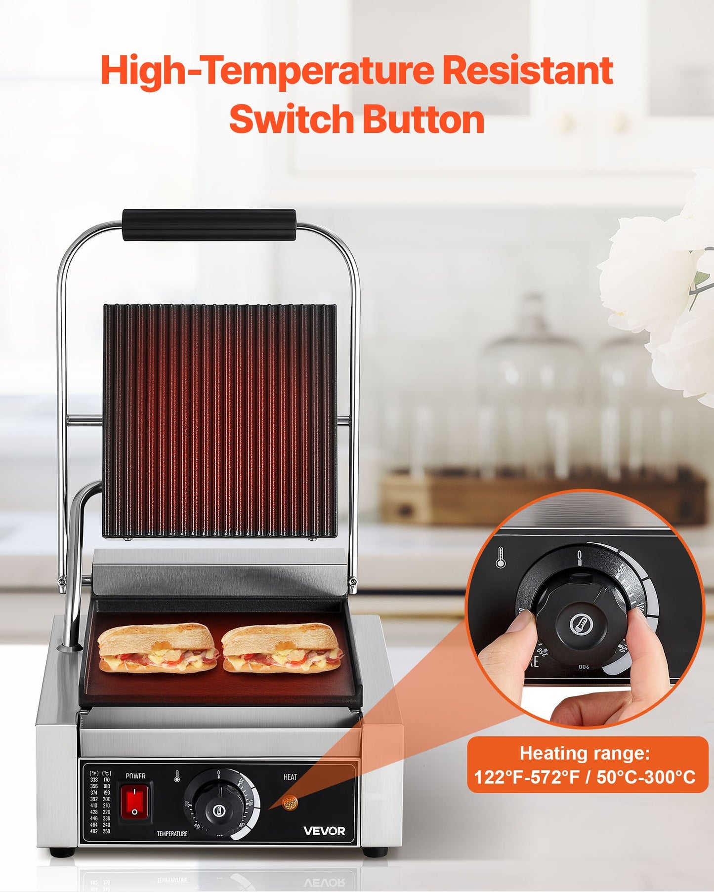 Commercial Panini Grill, 1800W Electric Sandwich Panini Maker, Stainless Steel Sandwichs Press Grill with Handle and Temp Control, 22x23 cm Flat Enamel Plate, for Hamburger Steak Bacon