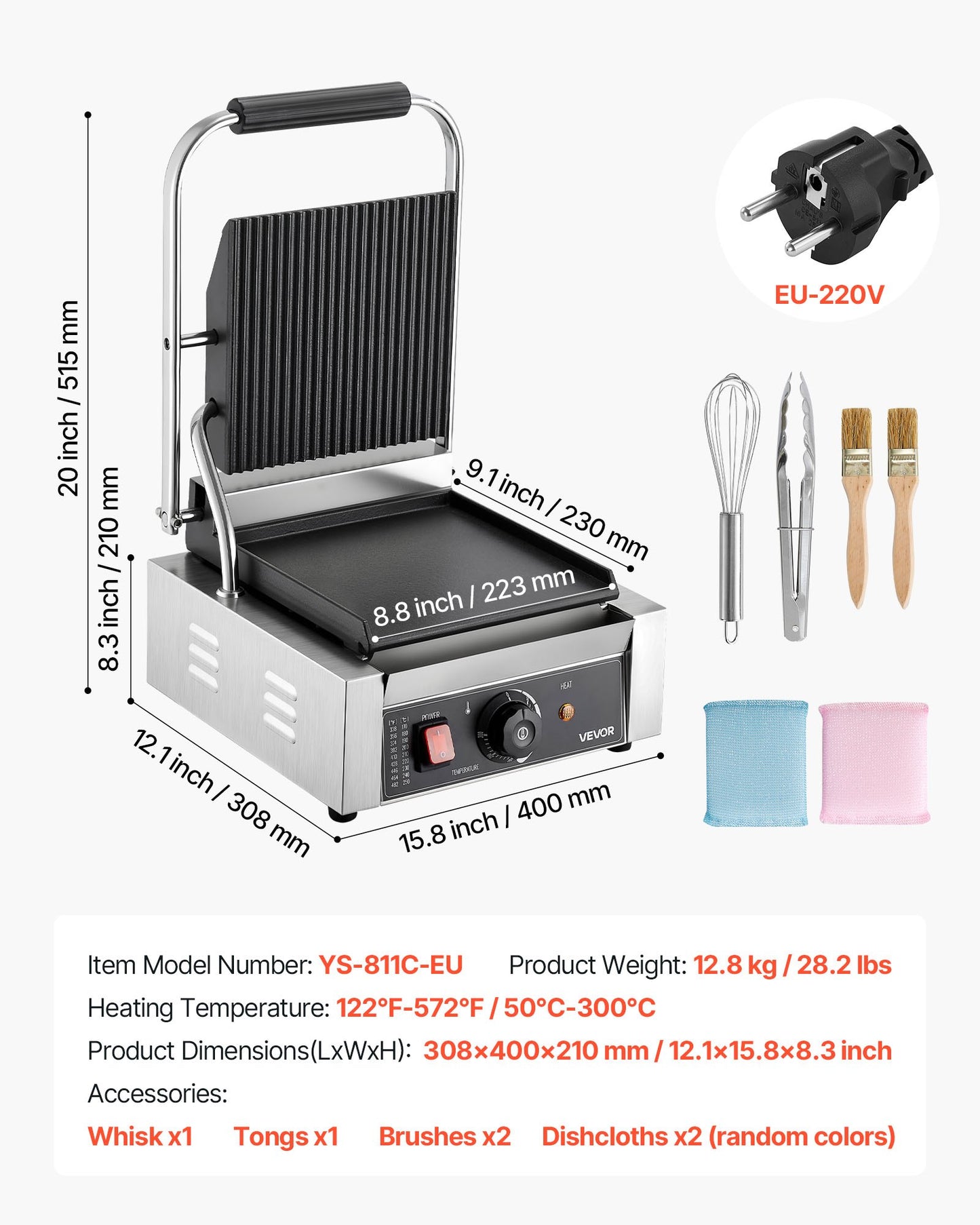 Commercial Panini Grill, 1800W Electric Sandwich Panini Maker, Stainless Steel Sandwichs Press Grill with Handle and Temp Control, 22x23 cm Flat Enamel Plate, for Hamburger Steak Bacon