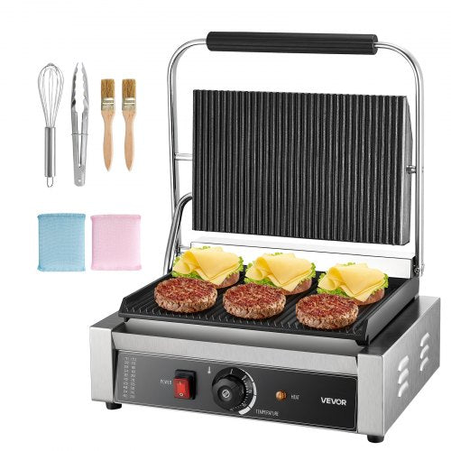 Kommersiell paninigrill, 2200W elektrisk smörgåspaninimaskin, pressgrill i rostfritt stål med handtag och temperaturkontroll, 34x23 cm räfflad emaljplatta, för hamburgare, biff och bacon