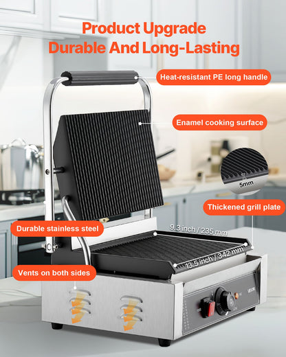 Kommersiell paninigrill, 2200W elektrisk smörgåspaninimaskin, pressgrill i rostfritt stål med handtag och temperaturkontroll, 34x23 cm räfflad emaljplatta, för hamburgare, biff och bacon