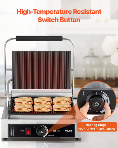 Kommersiell paninigrill, 2200W elektrisk smörgåspaninimaskin, pressgrill i rostfritt stål med handtag och temperaturkontroll, 34x23 cm räfflad emaljplatta, för hamburgare, biff och bacon