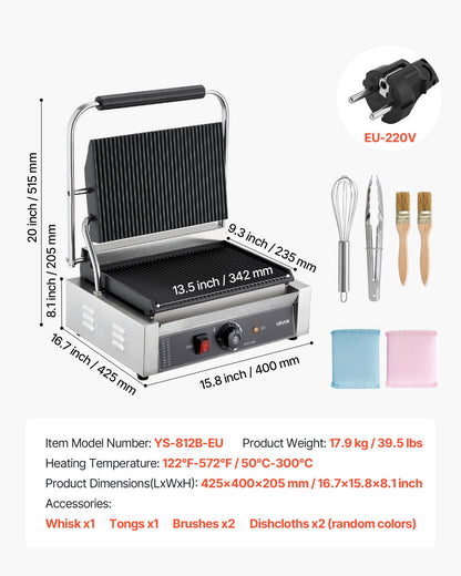 Kommersiell paninigrill, 2200W elektrisk smörgåspaninimaskin, pressgrill i rostfritt stål med handtag och temperaturkontroll, 34x23 cm räfflad emaljplatta, för hamburgare, biff och bacon