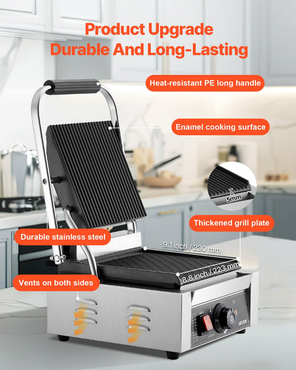 Commercial Panini Grill, 1800W Electric Sandwich Panini Maker, Stainless Steel Sandwichs Press Grill with Handle and Temp Control, 22x23 cm Flat Enamel Plate, for Hamburger Steak Bacon