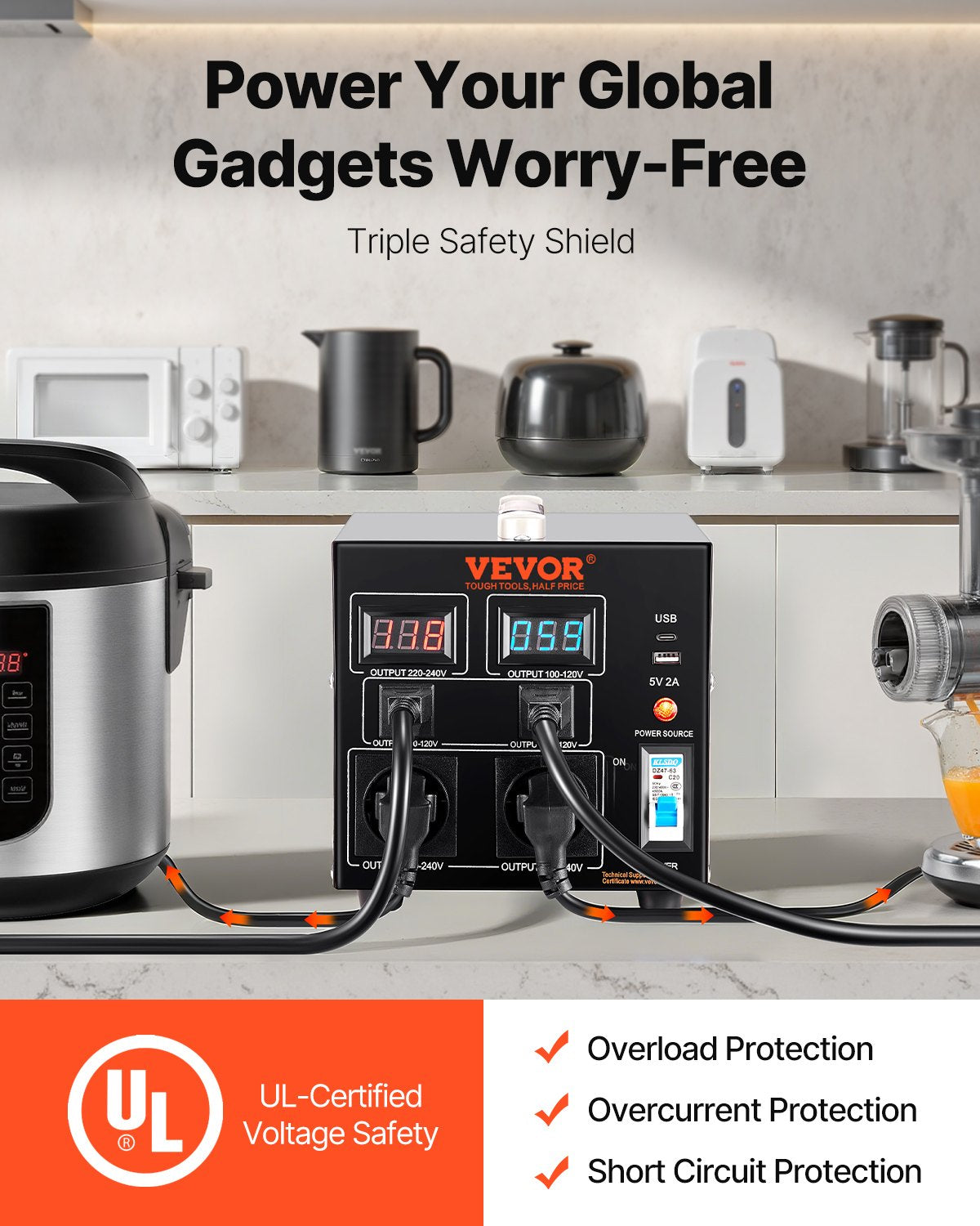 Spänningsomvandlare, 2000VA, Kraftig upp-/nedtransformator, Omvandlare från 110 volt till 220 volt och från 220 volt till 110 volt, med amerikanskt uttag, EU-uttag, 5V USB-port, CE-certifierad