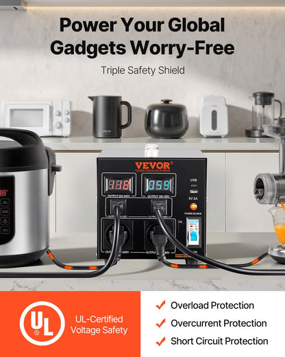 Spänningsomvandlare, 2000VA, Kraftig upp-/nedtransformator, Omvandlare från 110 volt till 220 volt och från 220 volt till 110 volt, med amerikanskt uttag, EU-uttag, 5V USB-port, CE-certifierad