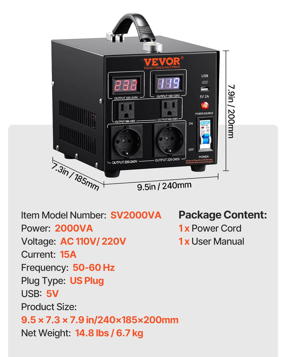 Spänningsomvandlare, 2000VA, Kraftig upp-/nedtransformator, Omvandlare från 110 volt till 220 volt och från 220 volt till 110 volt, med amerikanskt uttag, EU-uttag, 5V USB-port, CE-certifierad