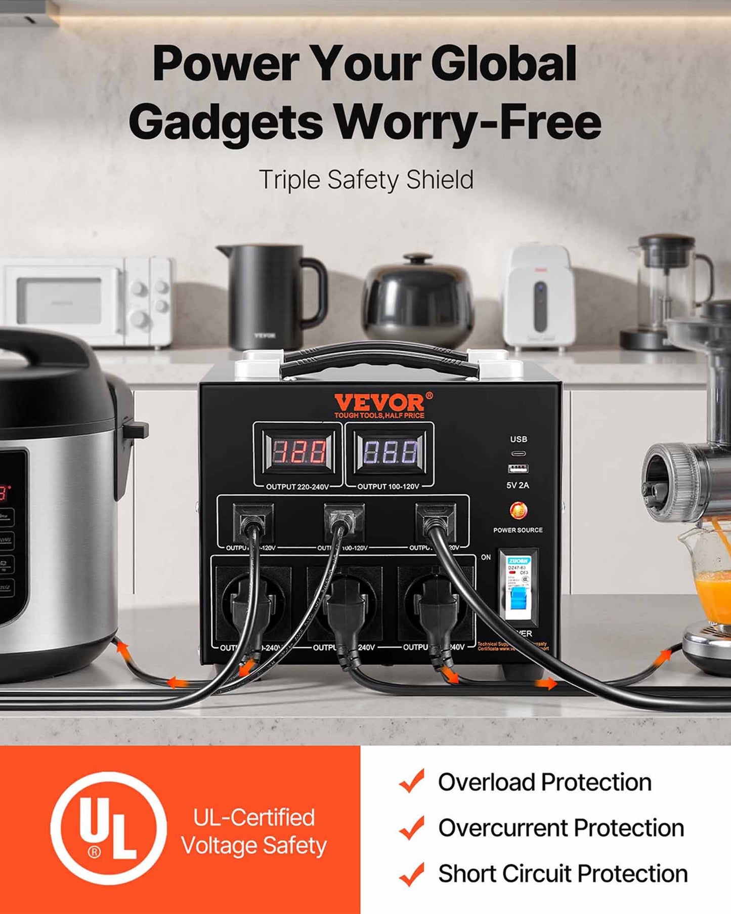 Voltage Converter Transformer, 5000VA, Heavy Duty Step Up/Down Transformer, Convert from 110 Volt to 220 Volt and from 220 Volt to 110 Volt, with US Outlet EU Outlet 5V USB Port, CE Certified