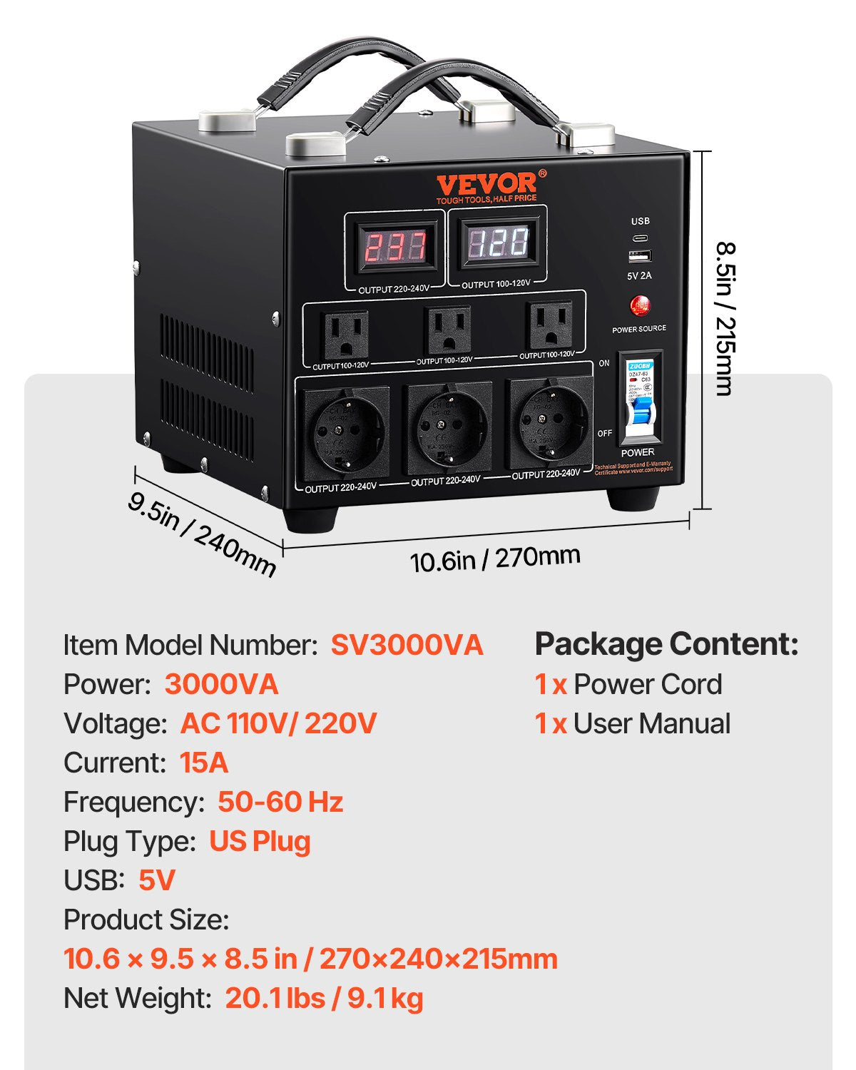 Spänningsomvandlare, 3000VA, Kraftig upp-/nedtransformator, Omvandlare från 110 volt till 220 volt och från 220 volt till 110 volt, med amerikanskt uttag, EU-uttag, 5V USB-port, CE-certifierad